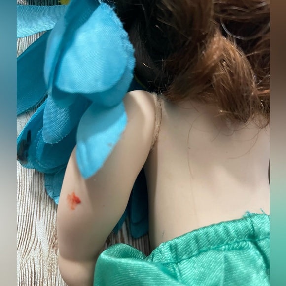 Collectible Porcelain Baby Doll Dressed in a Blue & Yellow Flower Costume - Picture 8 of 10